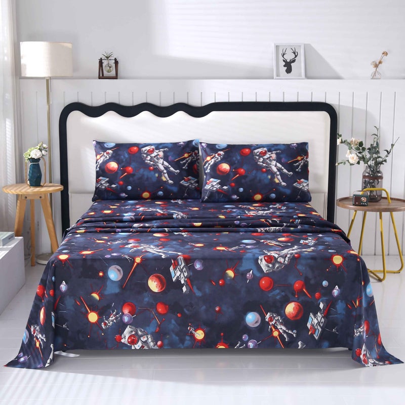 SDY 4 PCS Astronaut Bedding Sheets Set Full Size Galaxy Print Sheet Set with 1 Deep Pocket Fitted Sheet & 1 Top Flat Sheet & 2 Pillowcases for Kids Teens Boys Children Toddler(Full,Astronaut) - Image 3